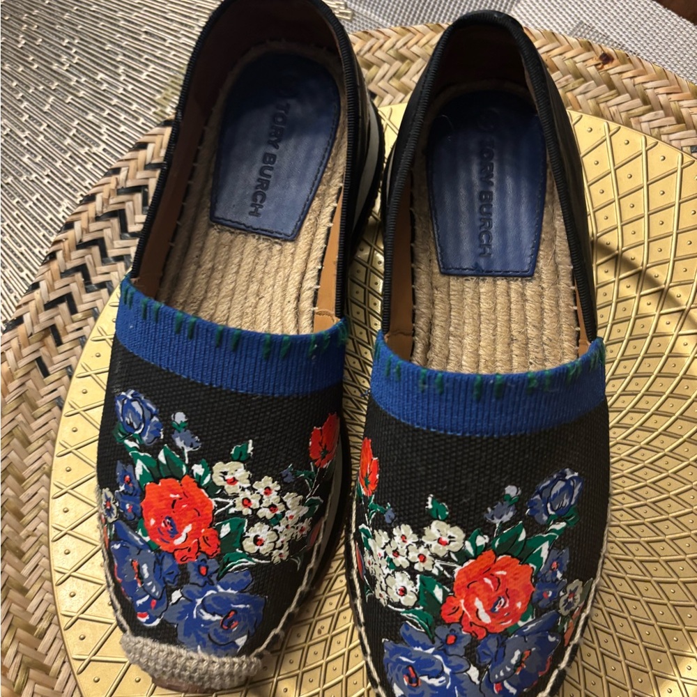 Tory Burch Blue Espadrilles with Floral Embroidery